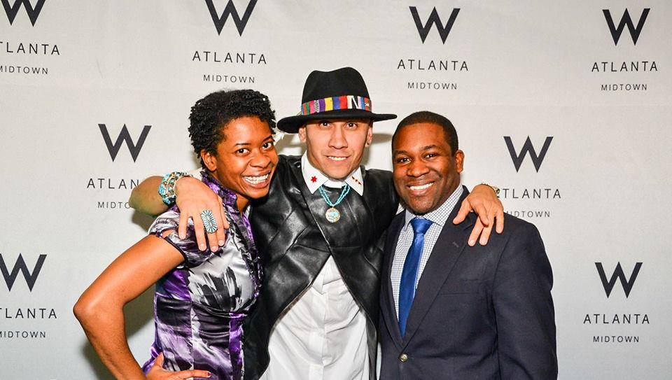 Black Eyed Peas' Taboo poses with AMP Co-Directors Aisha Bowden (left) and Dantes Rameau (right) after Taboo's performance at the W Atlanta - Midtown Hotel.